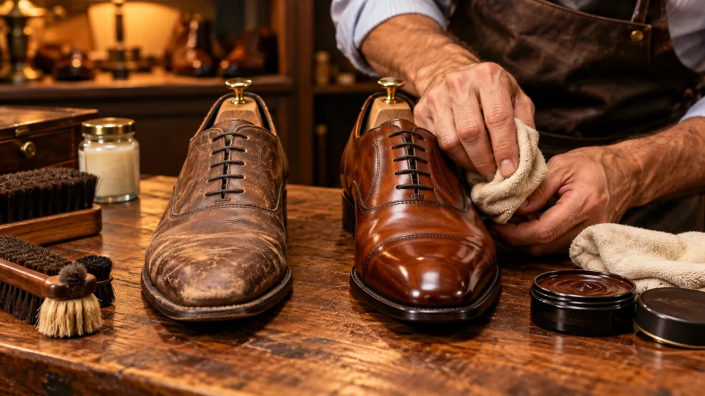 Shoe Repair in Weston MA leather restoration service cleaning, conditioning, and polishing dress shoes.