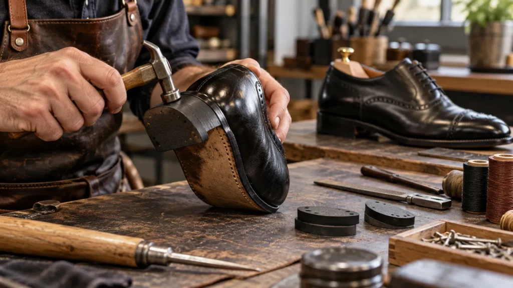 Expert Shoe Repair in Weston MA technician replacing damaged heels and repairing loose stitching.