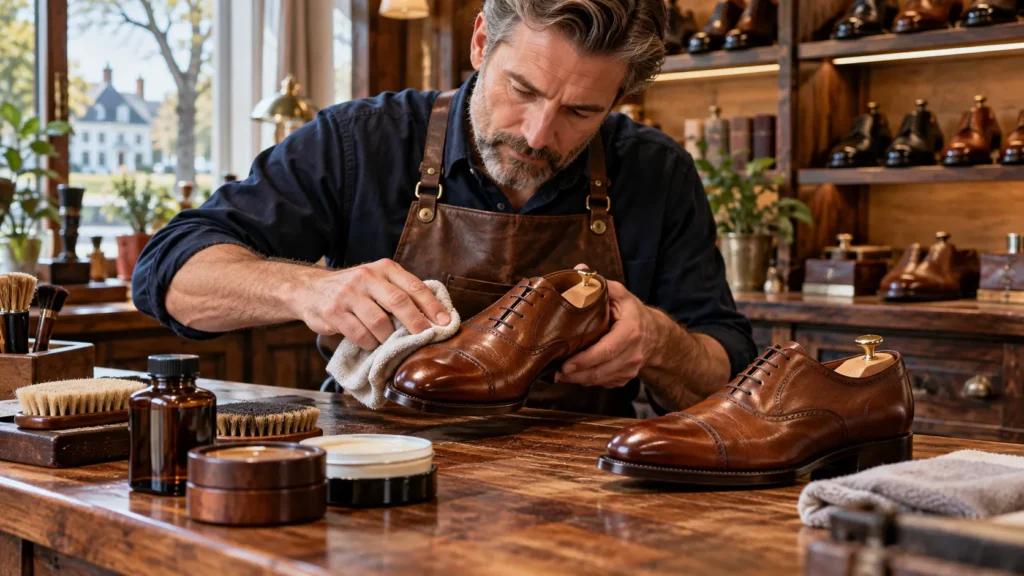 Professional Leather Shoe Repair in Weston MA with expert cleaning and conditioning of brown dress shoes.
