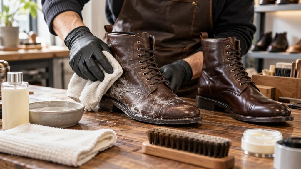 Leather Shoe Repair in Weston MA specialist cleaning winter salt stains and restoring moisture-damaged leather boots.