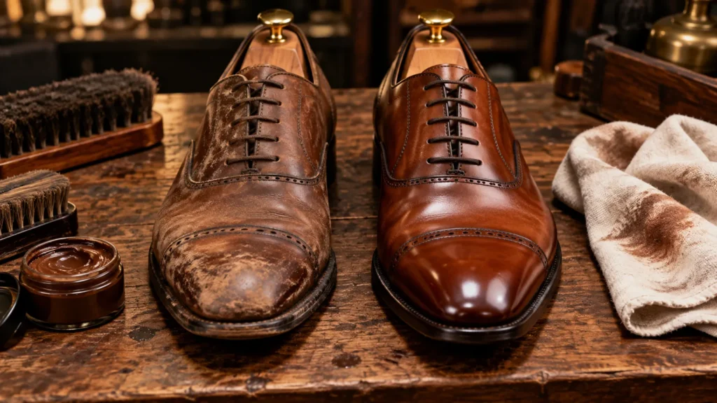 Leather Shoe Repair in Weston MA showing scratched brown leather shoes before and after professional restoration.