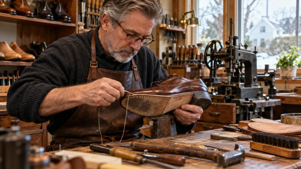 Professional Shoe Repair in Weston MA service restoring worn leather soles on dress shoes.